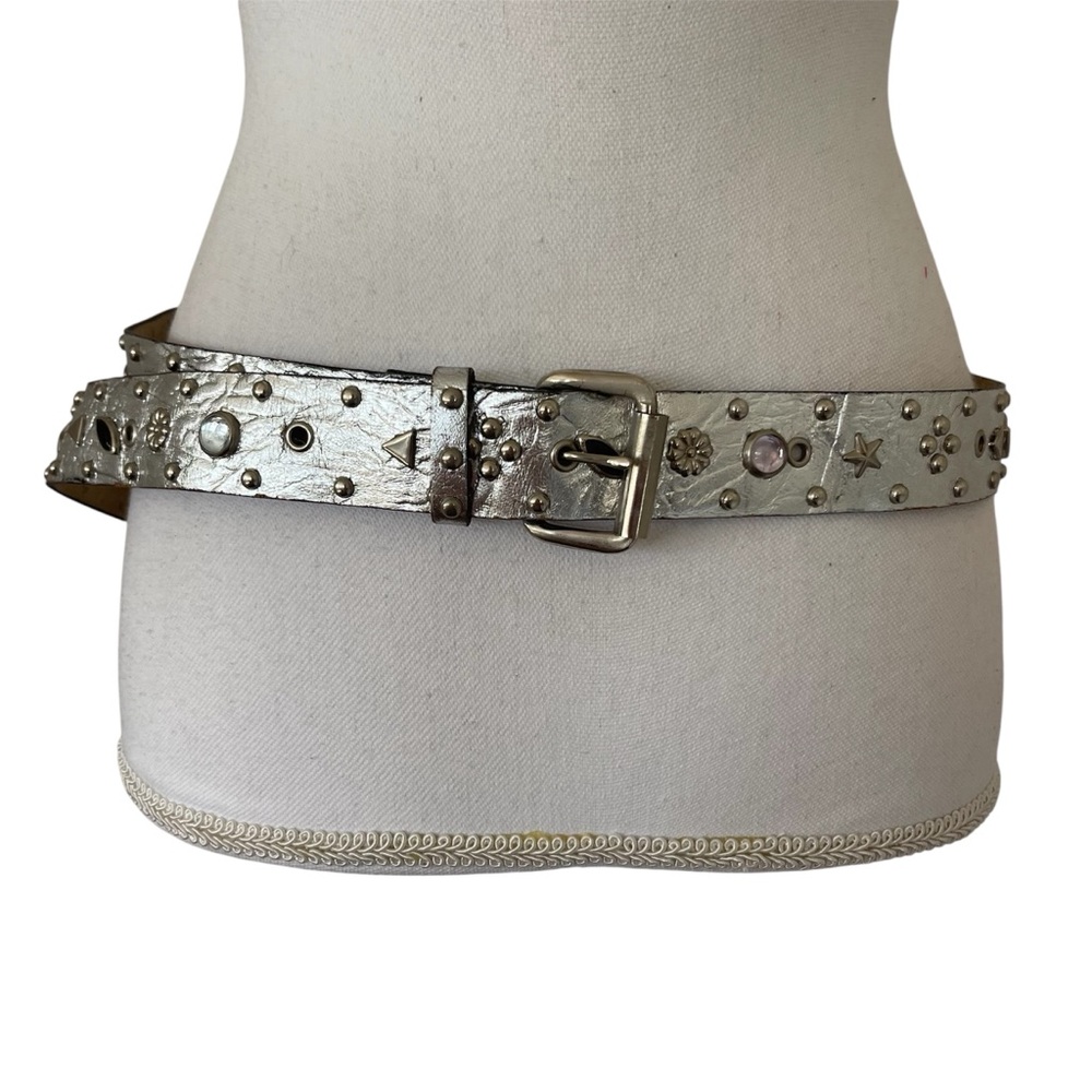 Silver Metallic Leather Studded Belt Western Boho Star Gem Festival Medium Large